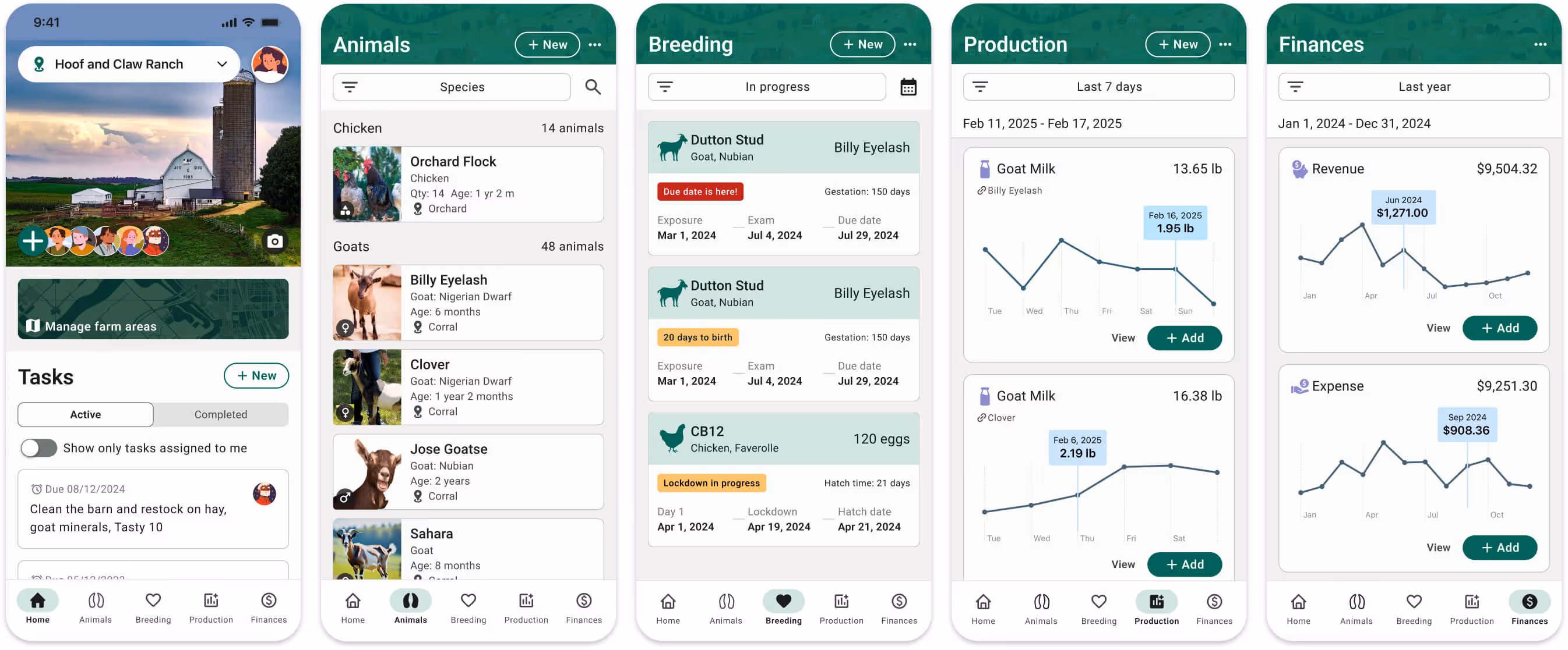 Goat management app interface showcasing herd health tracking, breeding cycles, and production metrics for dairy and meat goats.