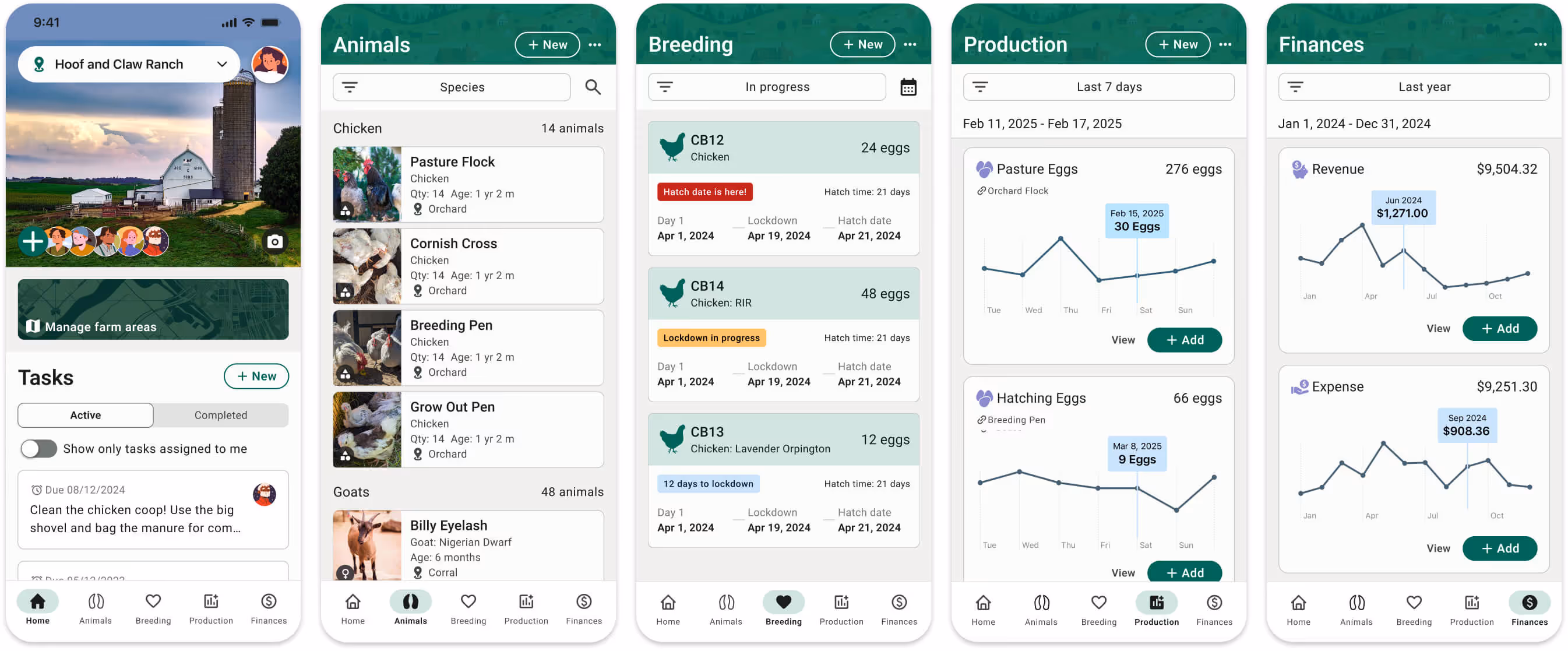FarmKeep app interface showcasing poultry management features, including tasks for chicken care, breeding schedules, egg production tracking, and financial analytics for small farm operations.