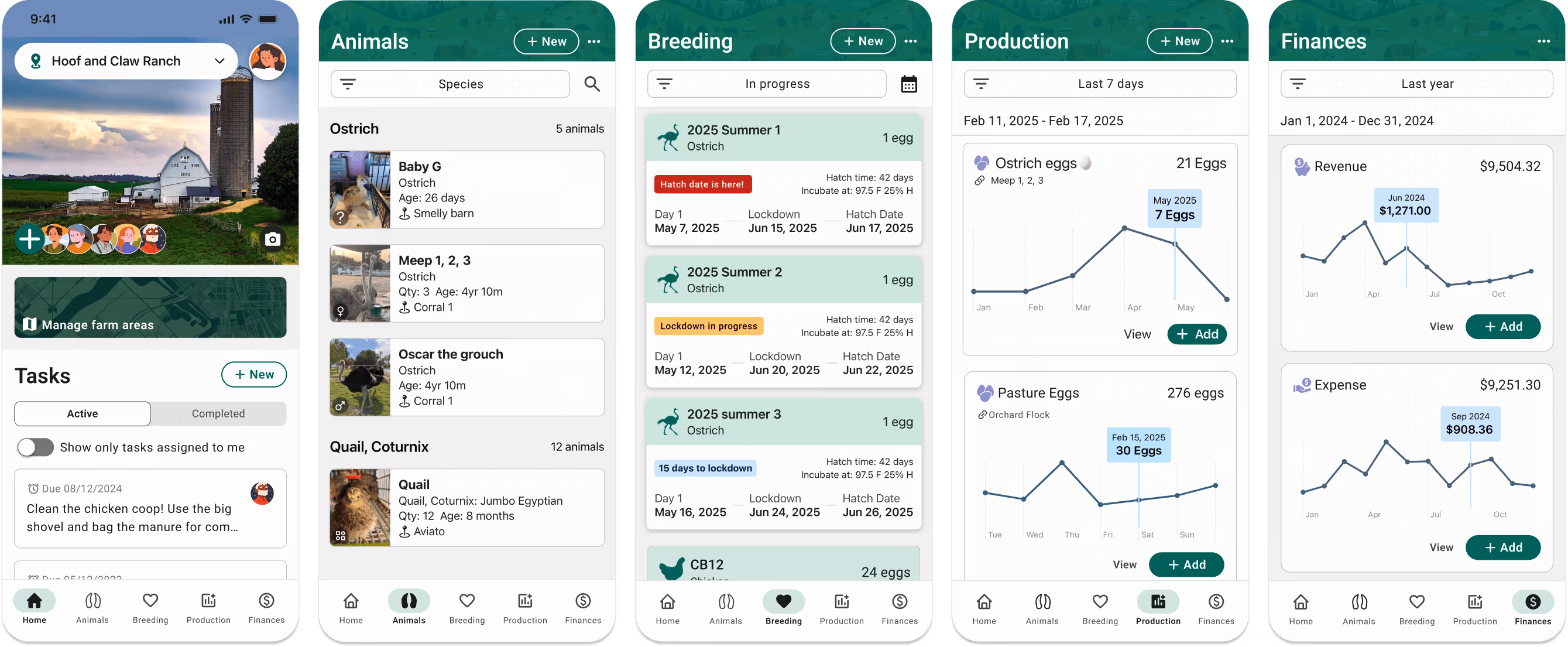 FarmKeep app interface showcasing features for managing ostriches, including animal records, breeding progress, egg production tracking, and financial analytics for ratite farmers.