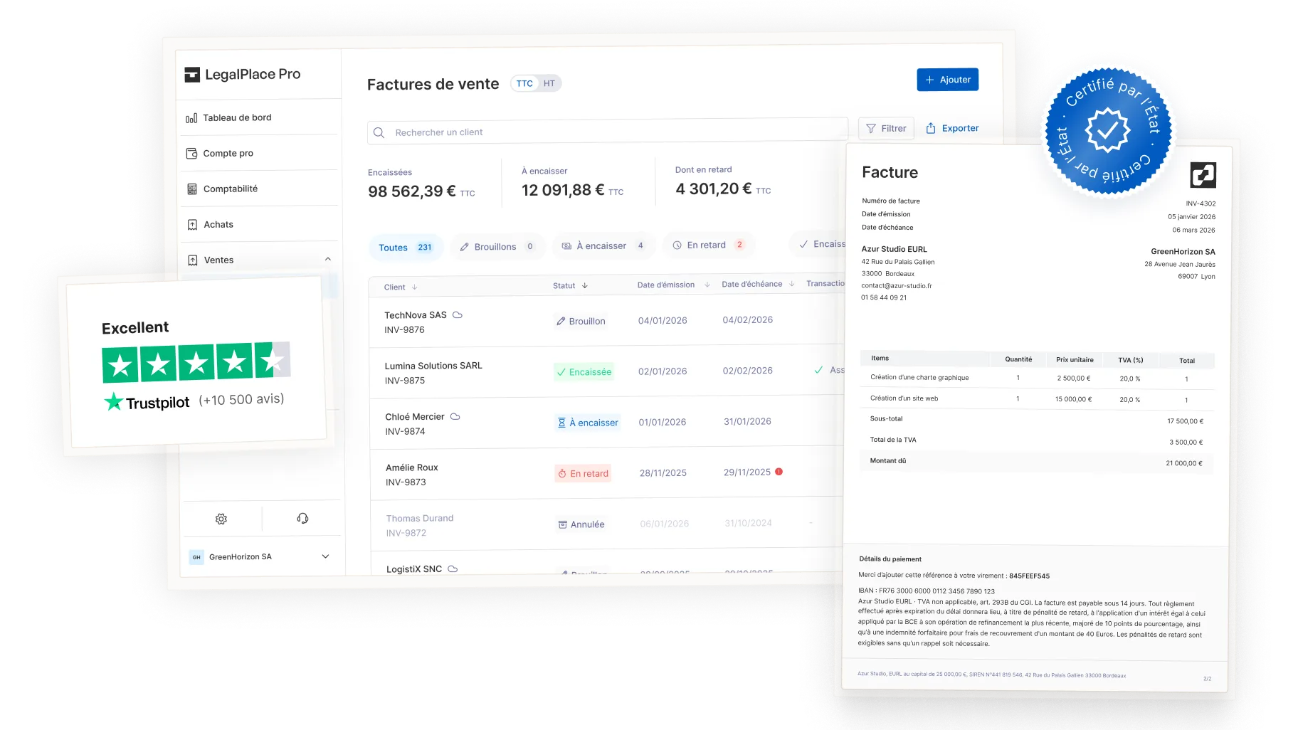 Interface du logiciel de facturation LegalPlace : tableau de bord des factures de vente, facture détaillée et avis Trustpilot