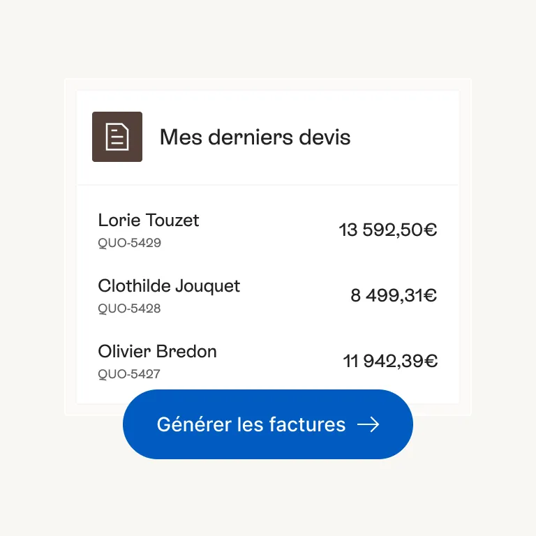 Liste des derniers devis avec le bouton Générer les factures