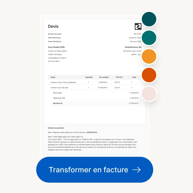 Devis LegalPlace avec le bouton Transformer en facture