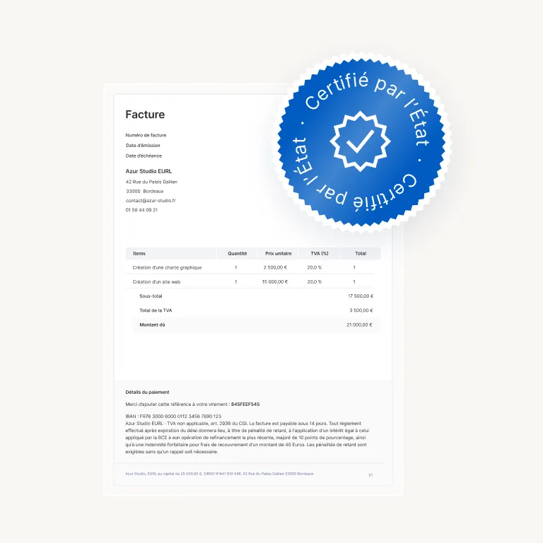 Facture LegalPlace avec le sceau Certifié par l’État