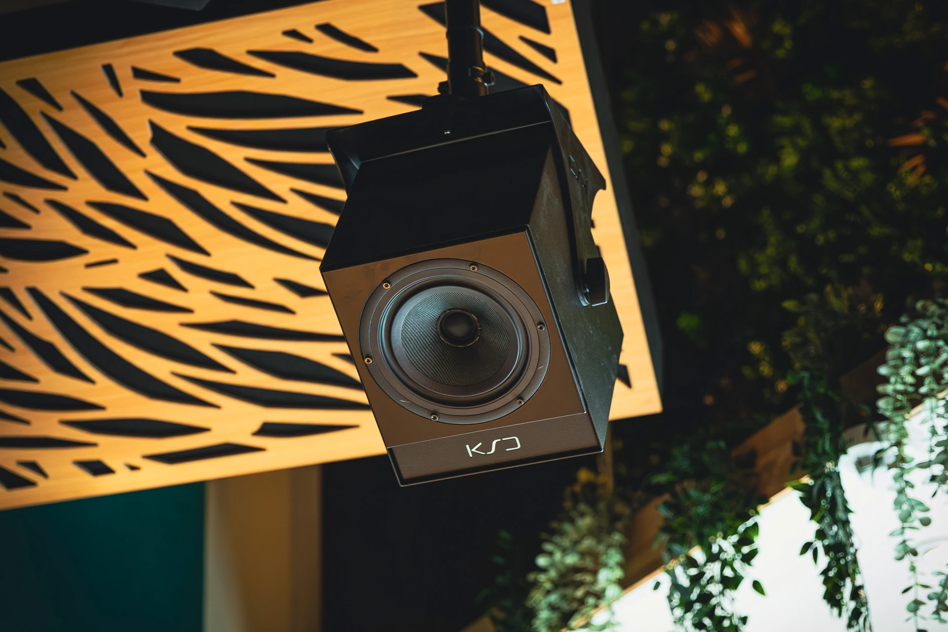 Hängender schwarzer Lautsprecher vor einer Holzdecke mit abstrakten Mustern und Pflanzen im Hintergrund.