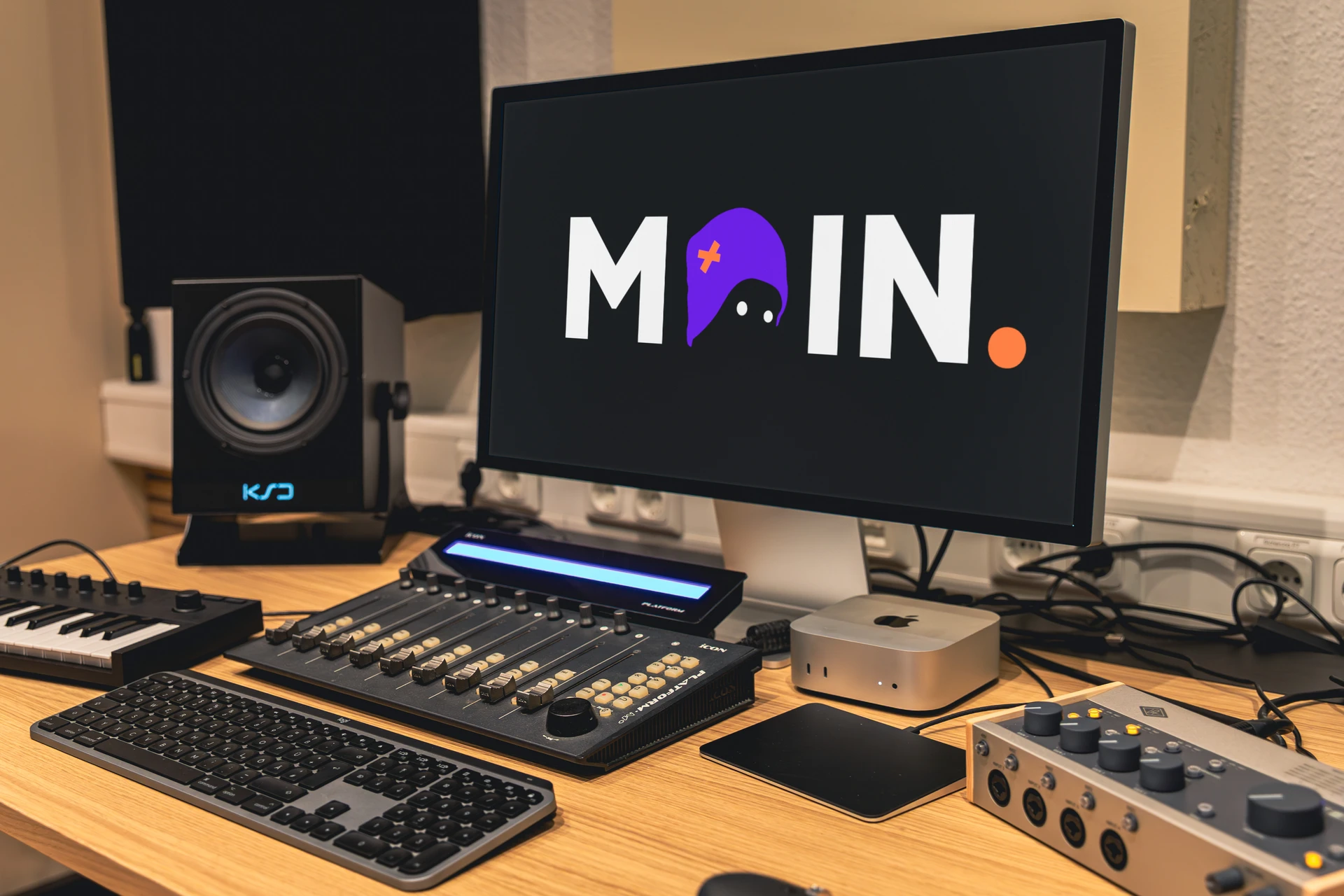Tonstudio mit Monitor, auf dem das Wort »MOIN« mit einer violetten Figur im Buchstaben »O« angezeigt wird, einem Lautsprecher, MIDI-Keyboard, Mischpult und Audio-Interface auf einem Holztisch.