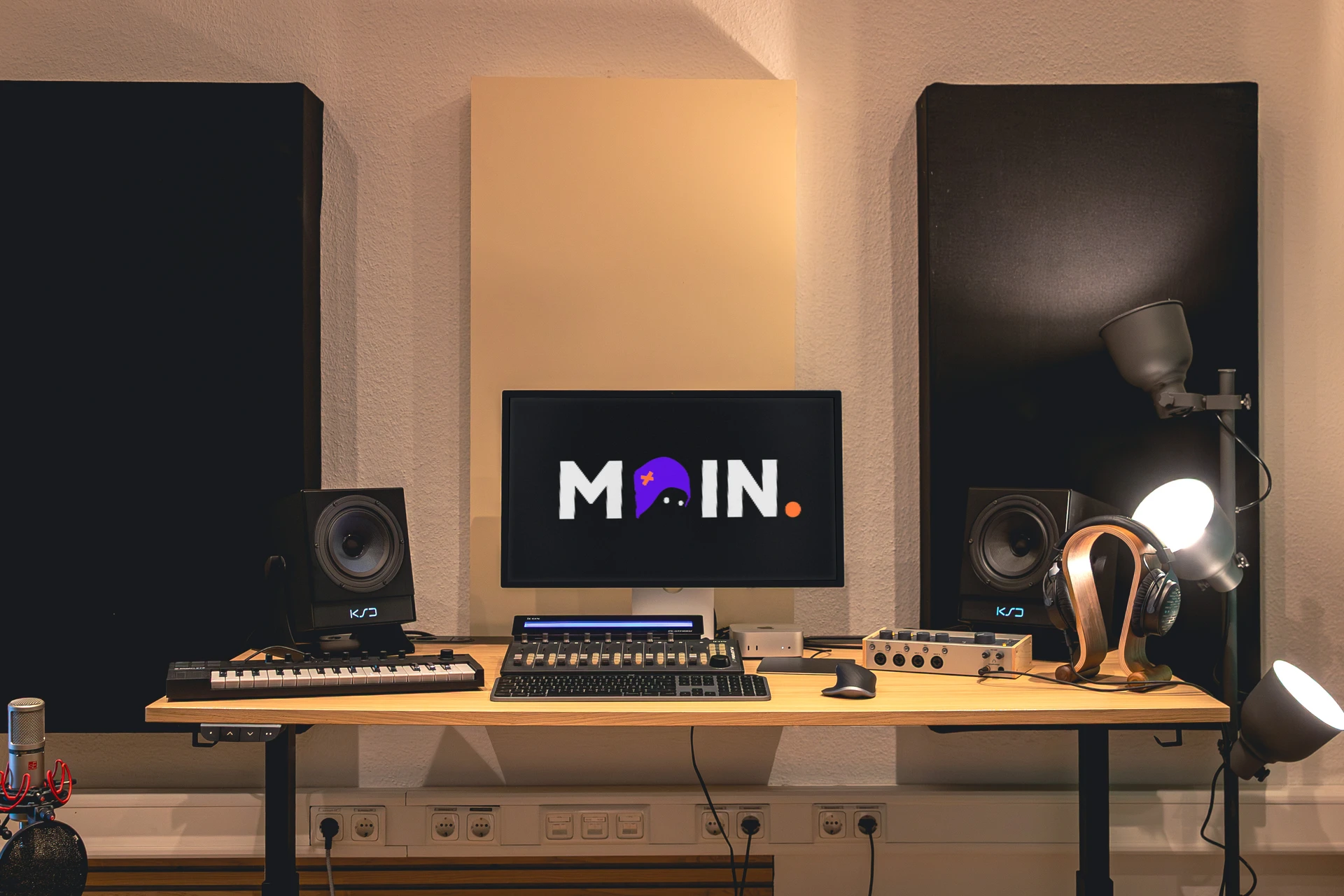 Moderner Musik- oder Tonstudio-Arbeitsplatz mit Lautsprechern, Tastatur, Mischpult, Monitor mit MOIN-Logo und Kopfhörern auf hölzernem Tisch.