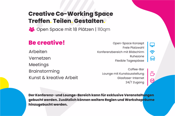 Werbetafel für einen kreativen Co-Working-Space mit 18 Plätzen auf 110 qm, bietet Arbeiten, Vernetzen, Meetings, Brainstorming, Kunst und kreative Arbeit. Features: Open-Space-Konzept, freie Platzwahl, Konferenzbereich mit Bildschirm, Ruhezone, flexible Tagespässe, Coffee-Bar, Lounge mit Kunstausstellung, Glasfaser-Internet und 24/7 Zugang. Der Konferenz- und Lounge-Bereich kann für exklusive Veranstaltungen gebucht werden.