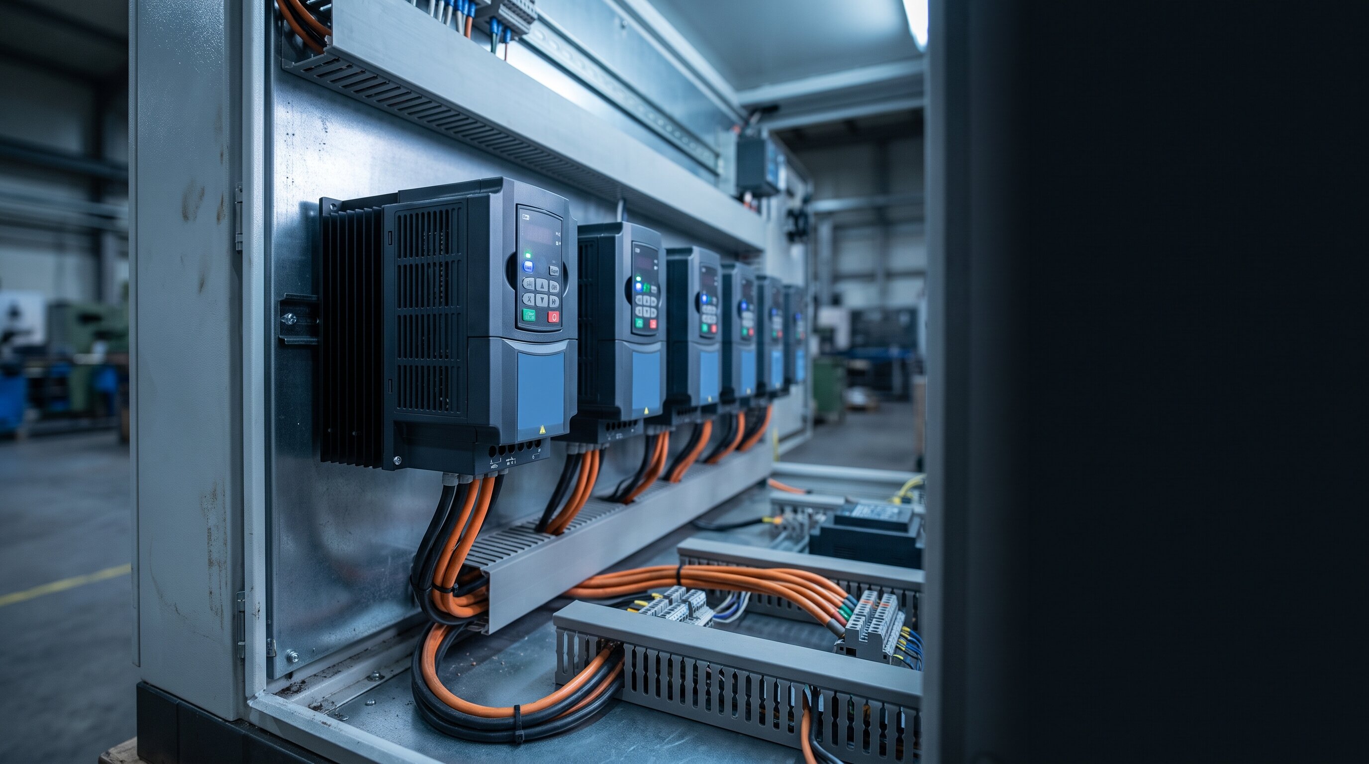 A row of variable frequency drives mounted in an open industrial control cabinet