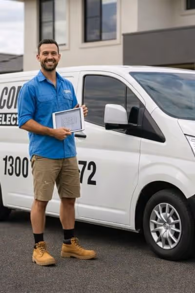 Comma Electrical 24/7 Emergency Electrician standing infront of service vehicle parked outside another happy Brisbane clients home
