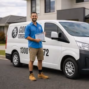 Comma Electrical emergency electrician with service vehicle standing next to a home we just completed a job for in Brisbane