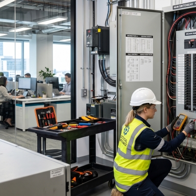 Electrical Maintenance for Businesses technician testing in office space
