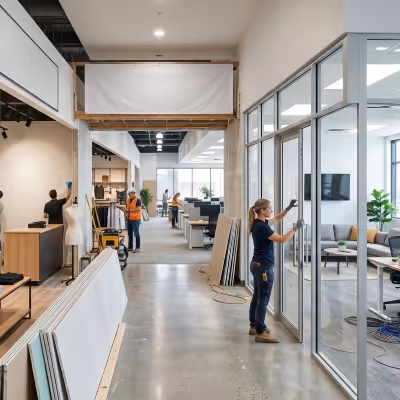 Office and Retail Fitouts finishing touches being completed by workers