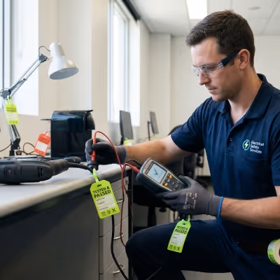 test and tag electrical technician doing tests in office space