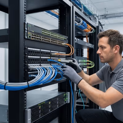 technician performing networking tests in commercial office network room