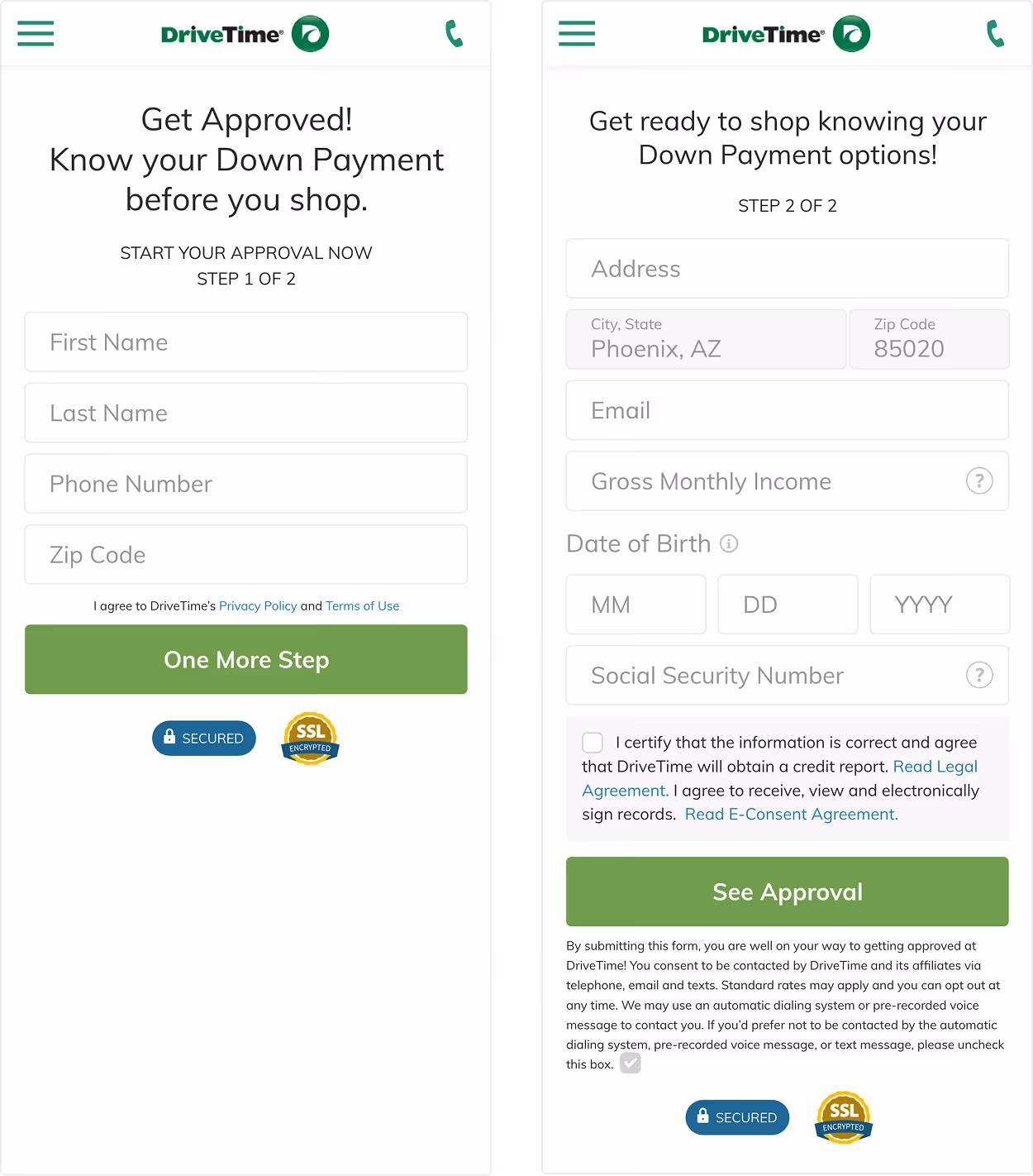 2 mobile website screens showing a financing form for auto loan approval.