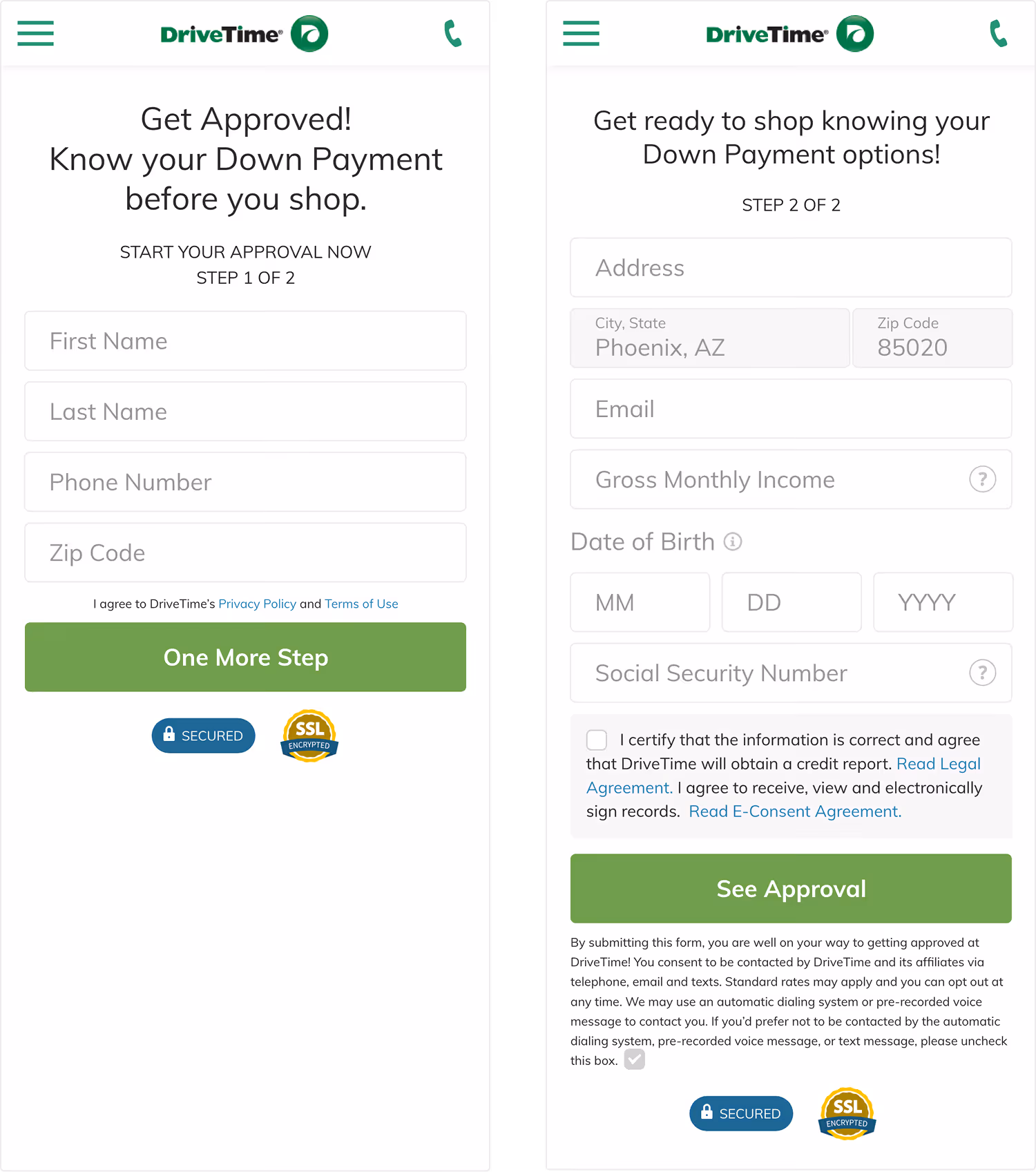 2 mobile website screens showing a financing form for auto loan approval.