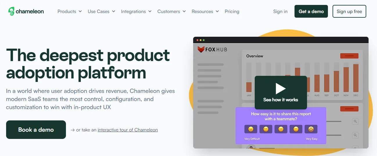 Chameleon is a product adoption platform that lets you create tooltips, surveys, launchers and interactive product demos—all at once place 