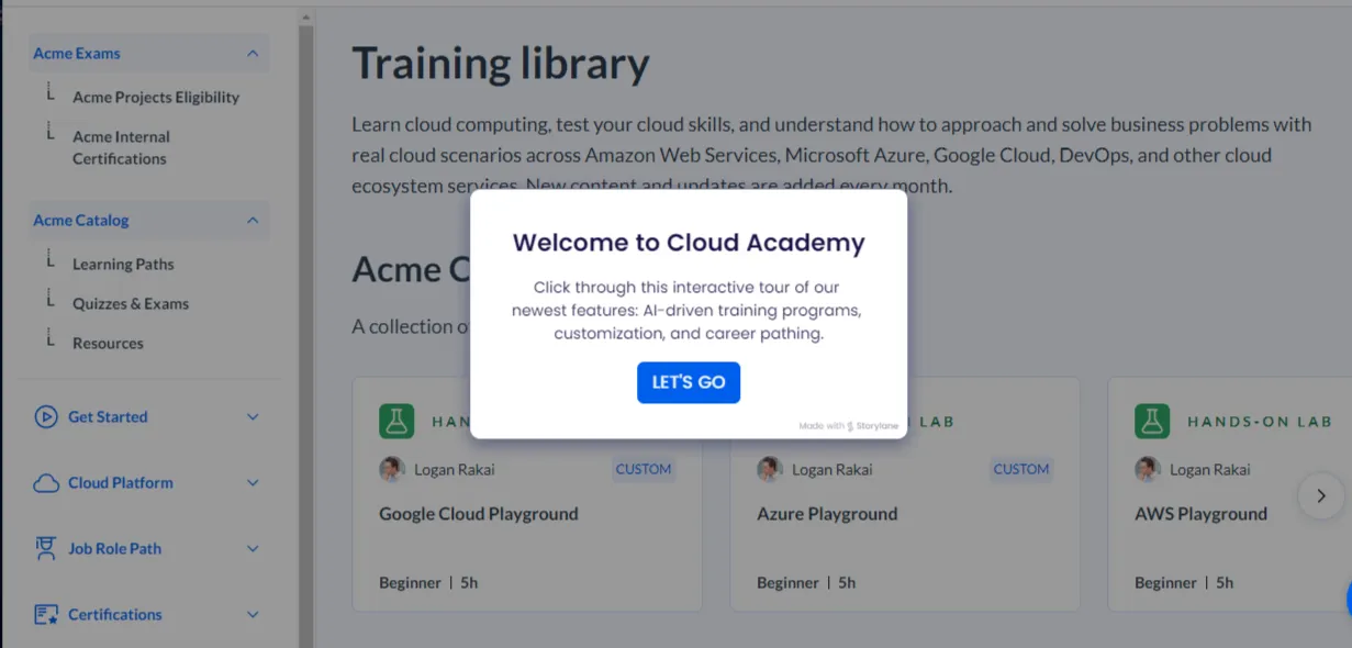 How Cloud Academy’s interactive walkthrough looks like