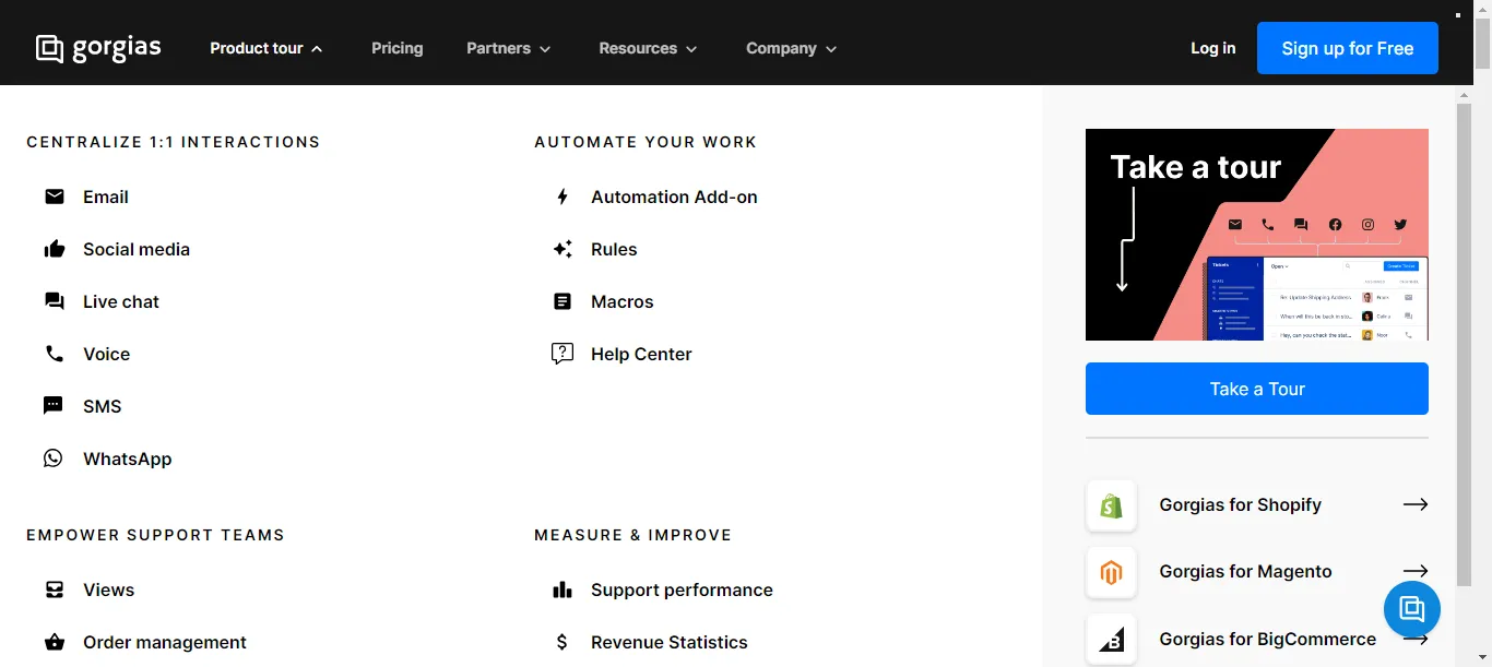 Gorgias product tour page is placed on the website’s header