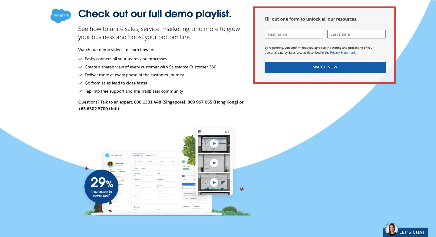 A screenshot of the lead capture form to access Salesforce's demo center.