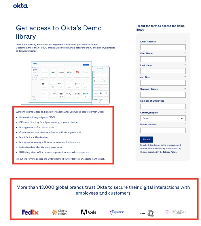 A screenshot of the lead form to access Okta's demo center.