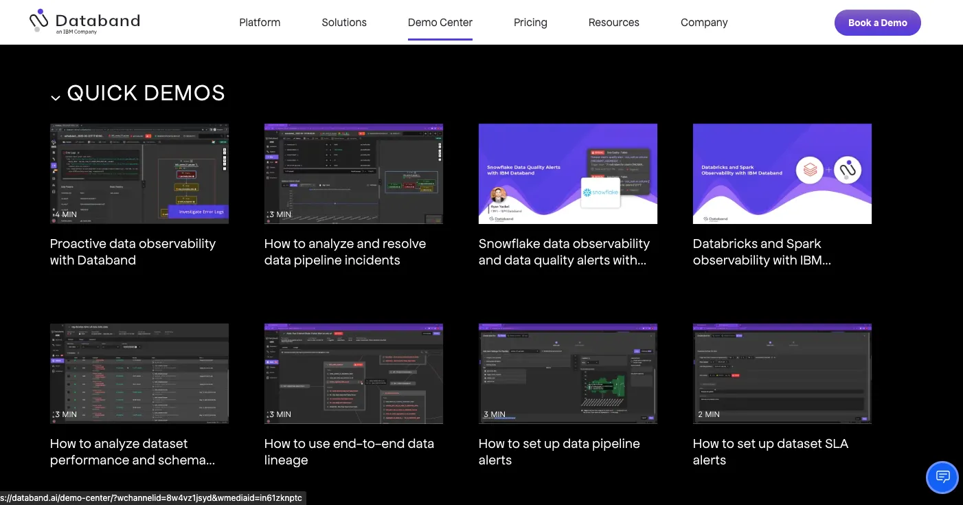 A screenshot of Databand's demo center.