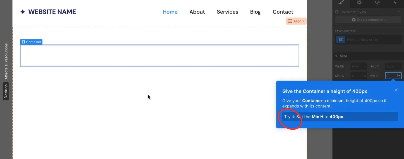 A screenshot of Webflow's walkthrough tour.