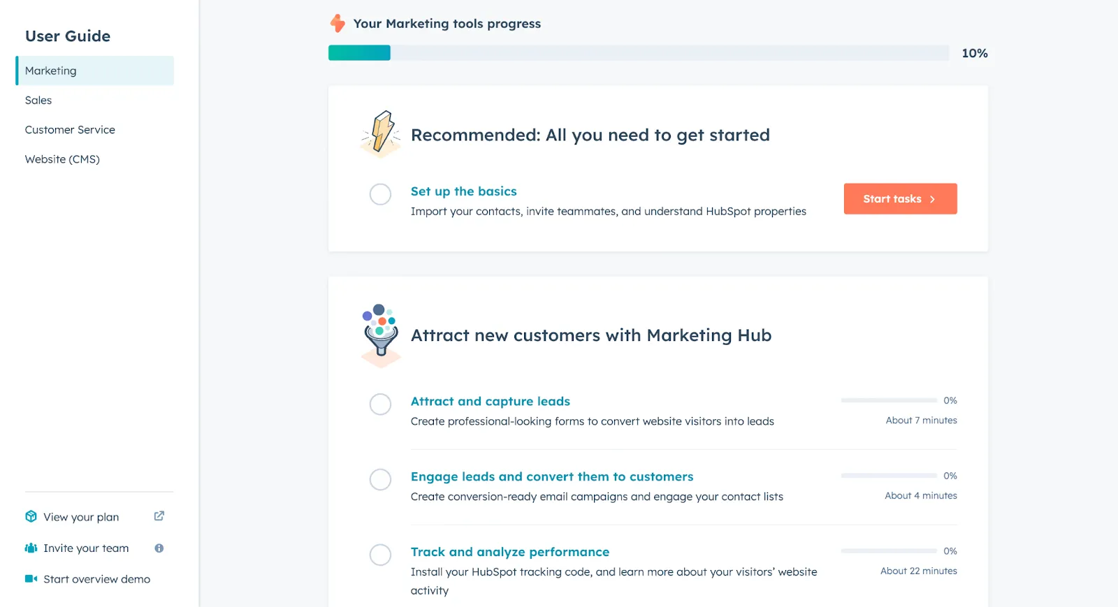 Image of HubSpot’s in-app onboarding process and checklist