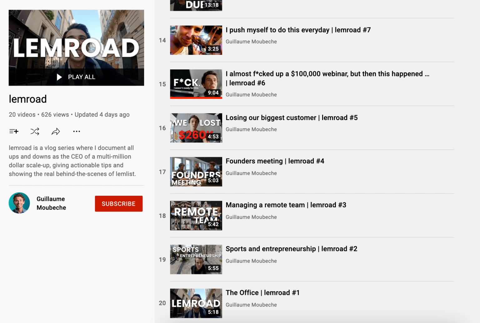 The YouTube playlist page of Lemlist’s documentary ‘lemroad’.
