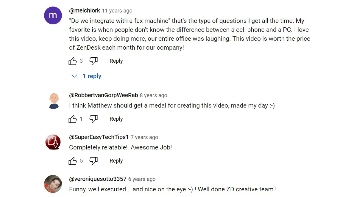 Zendesk youtube video's comment section