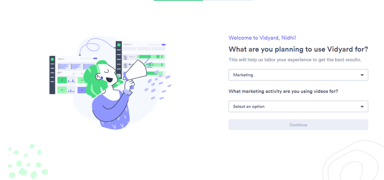 Onboarding questions Vidyard asks its users