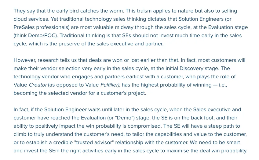A screenshot of an excerpt from PreSales Collective’s blog.