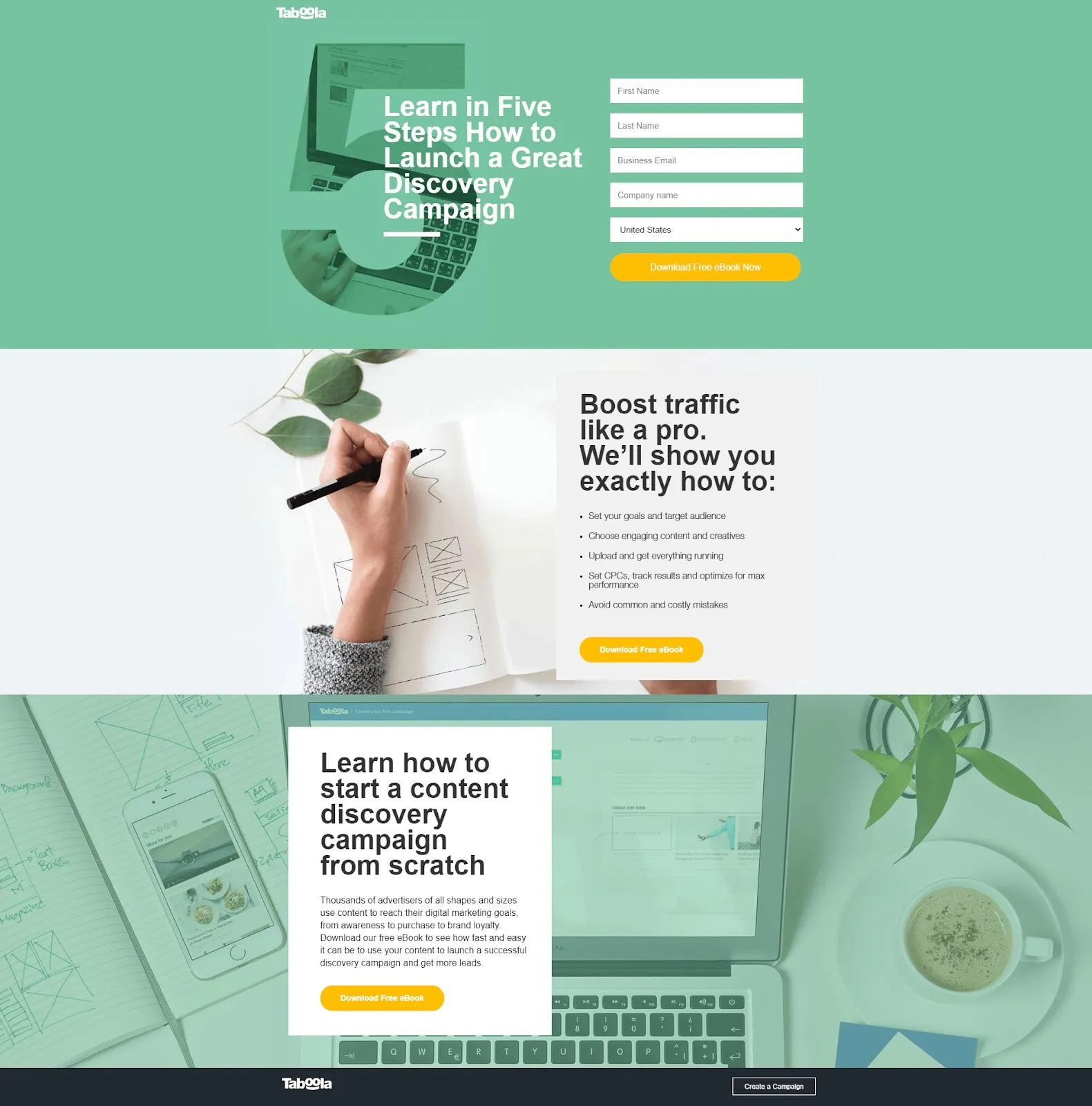 Taboola's ebook landing page directly talks to marketers and repeatedly highlights how the solution can supercharge their discovery campaigns.