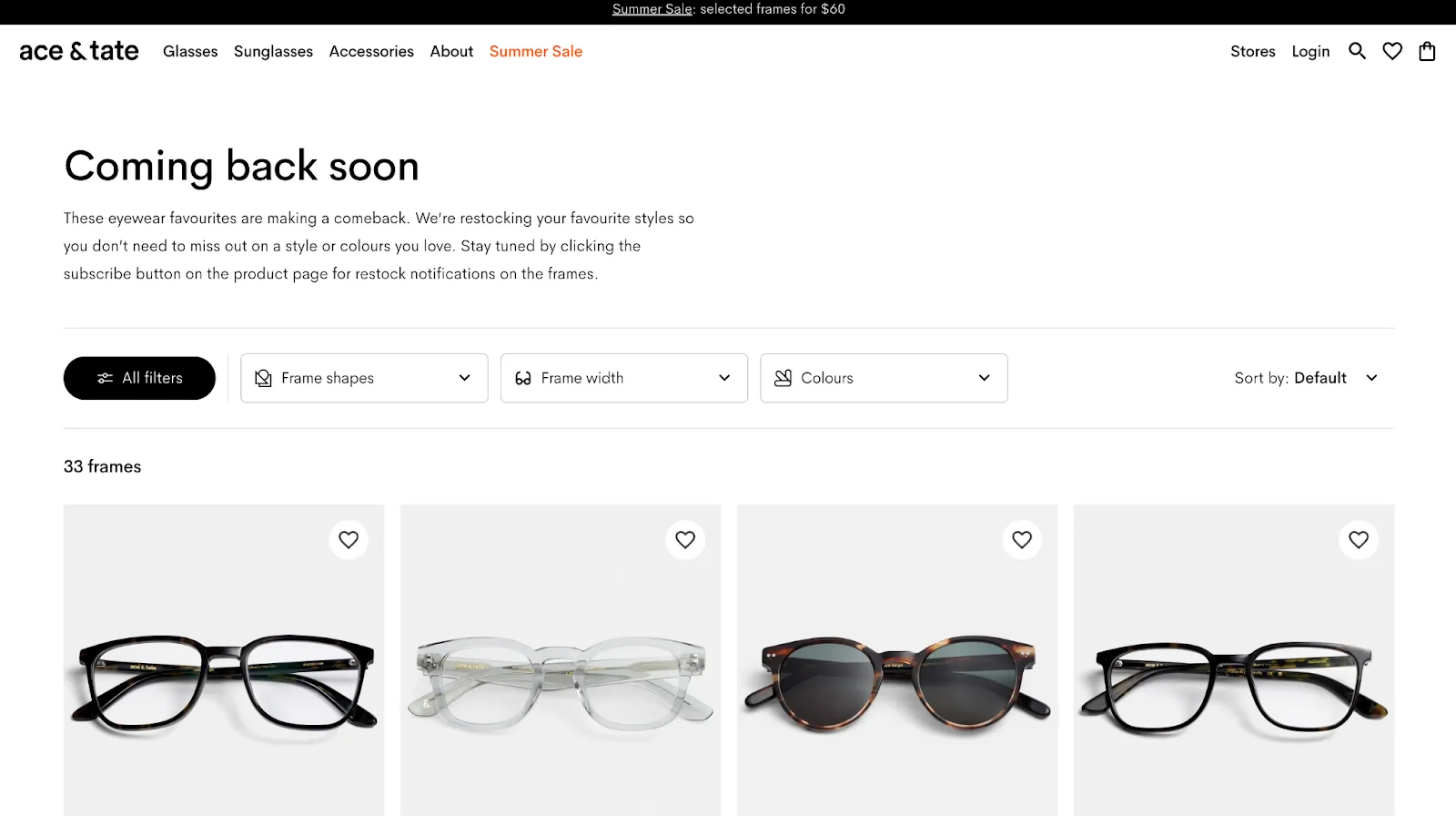 Ace and Tate out of stock landing page