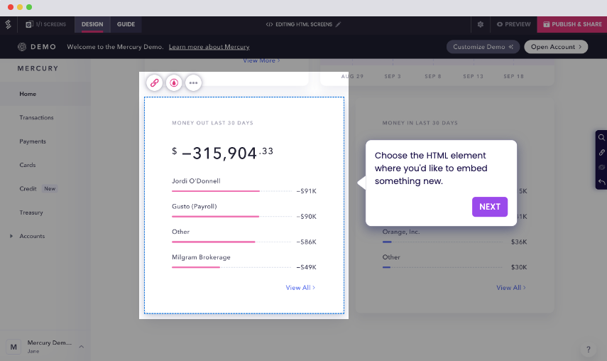 A screenshot of the Storylane Editor that shows an element on the webpage and the text reads ‘Choose the HTML element where you’d like to embed something new’.
