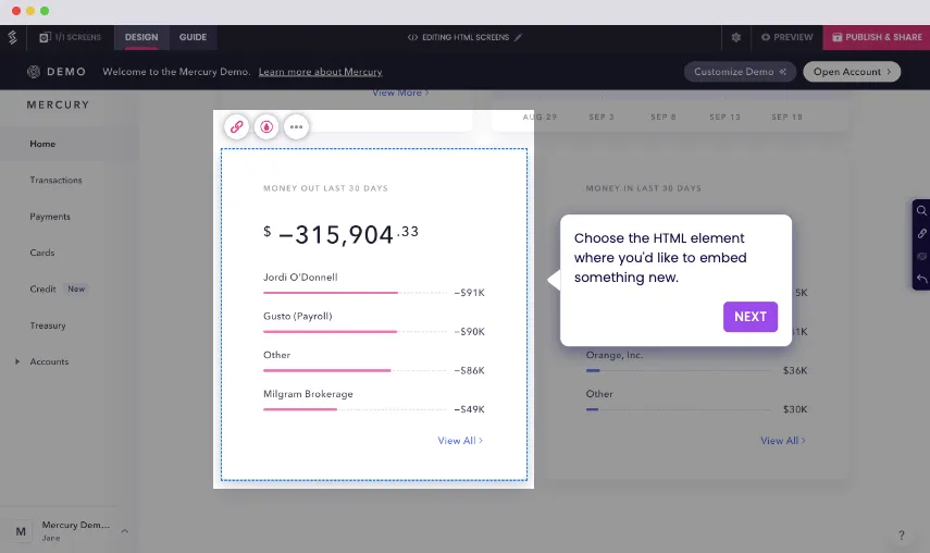 A screenshot of the Storylane Editor that shows an element on the webpage and the text reads ‘Choose the HTML element where you’d like to embed something new’.
