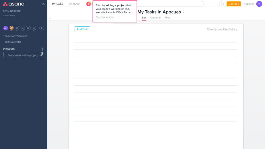 A screenshot of a part of the Asana product tour. 