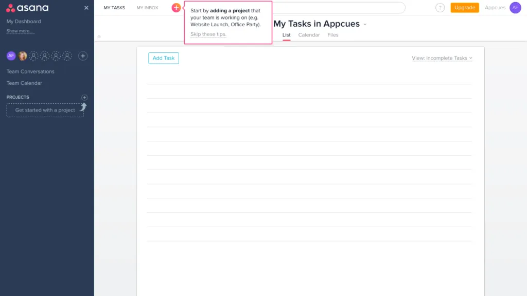 A screenshot of a part of the Asana product tour.