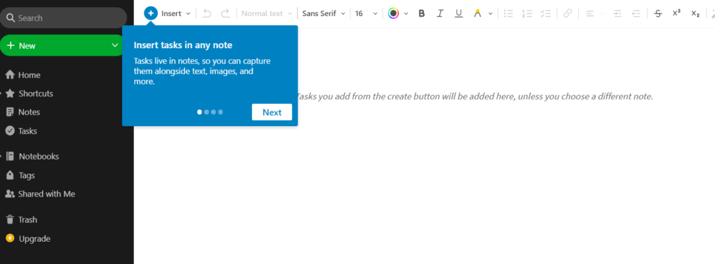 A screenshot of a part of the Evernote product tour. 