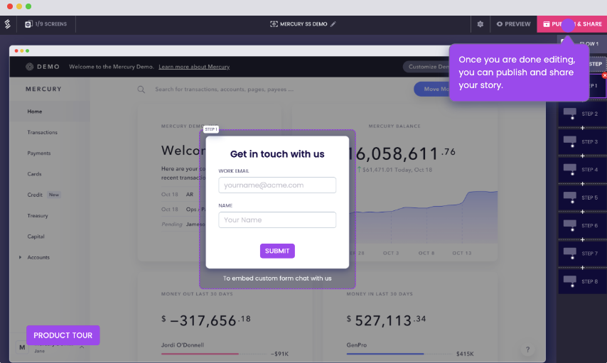 A screenshot of the Storylane Editor that shows a hotspot tooltip on the top right corner of the page, on top of the button ‘Publish & Share’. The tooltip text reads ‘Once you are done editing, you can publish and share your story’.