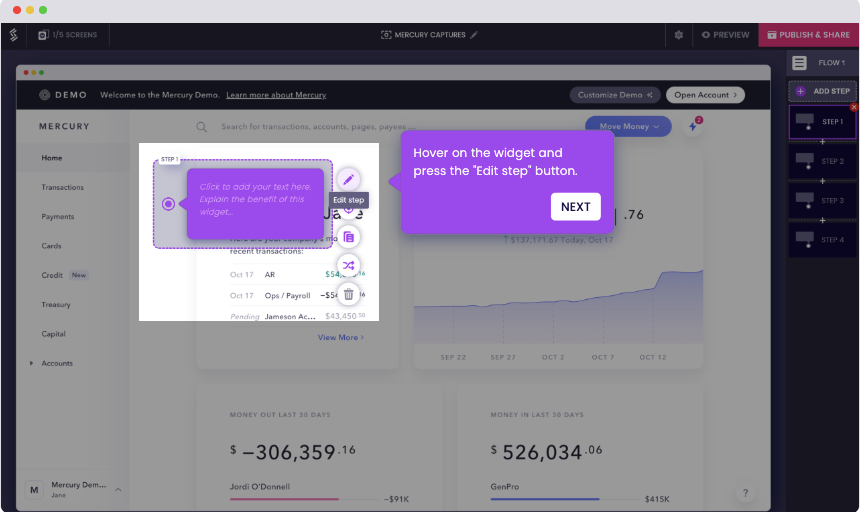 A screenshot of Storylane’s Editor, with the widget customization option open. The text reads ‘Hover on the widget and press the ‘Edit step’ button. 