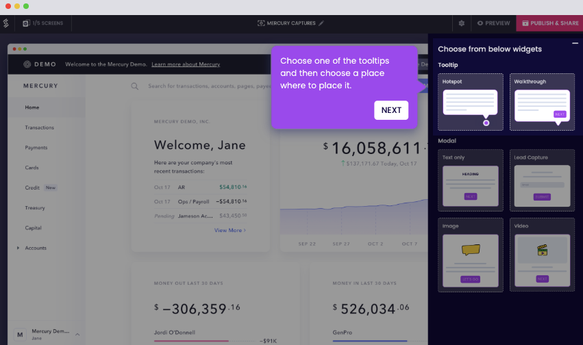 A screenshot of Storylane’s Editor, with the widget bar open. There are several options in the widget bar that are: tooltips, hotspot, walkthrough, modal, text-only, lead capture, image, and video. The text points to one of the options and says ‘Choose one of the tooltips and then choose a place where to place it’. 