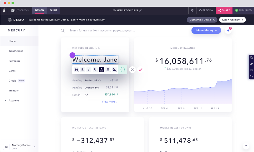 A screenshot of the Storylane Editor that shows advanced personalization features like changing text tokens, day and time, and more. 