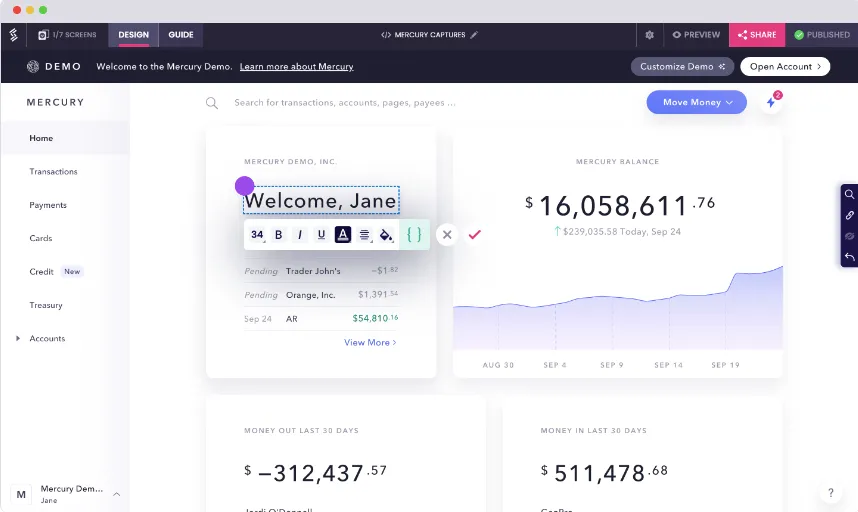A screenshot of the Storylane Editor that shows advanced personalization features like changing text tokens, day and time, and more.