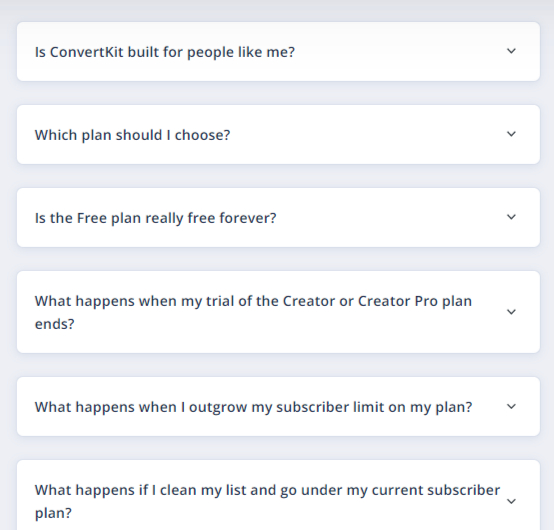 Frequently asked questions Convertkit showcases on it’s pricing page