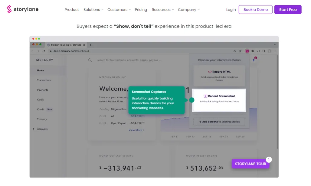 Storylane's product tour on their website showing how the platform works