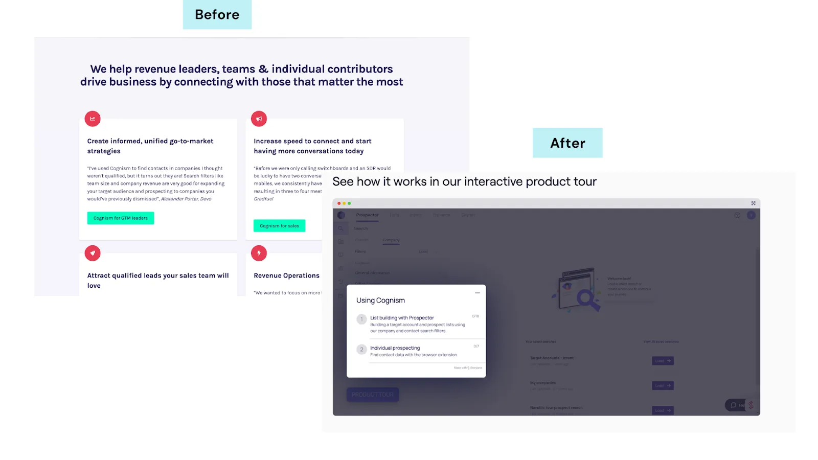 Cognism added an interactive, embeddable demo on the homepage using Storylane