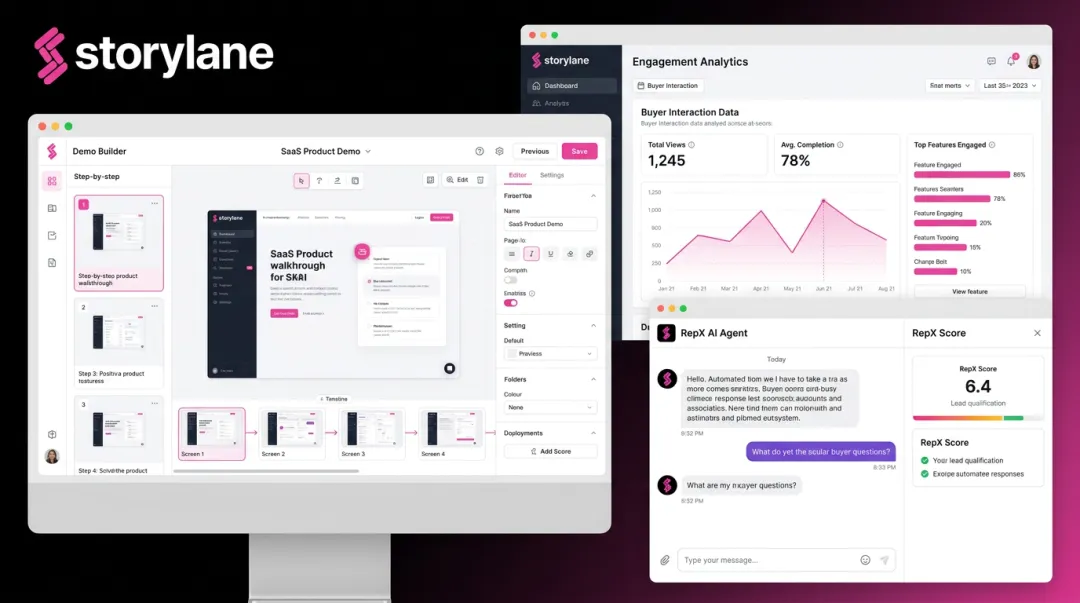Storylane interactive demo platform showing product walkthrough and buyer engagement analytics
