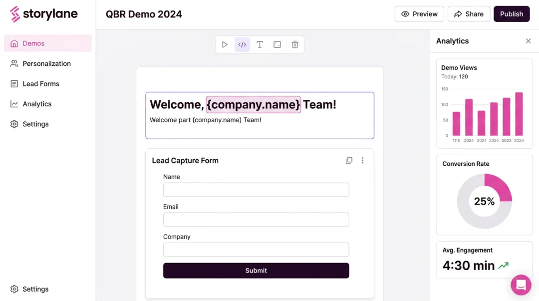 Storylane interactive demo platform interface showing personalization and lead capture features