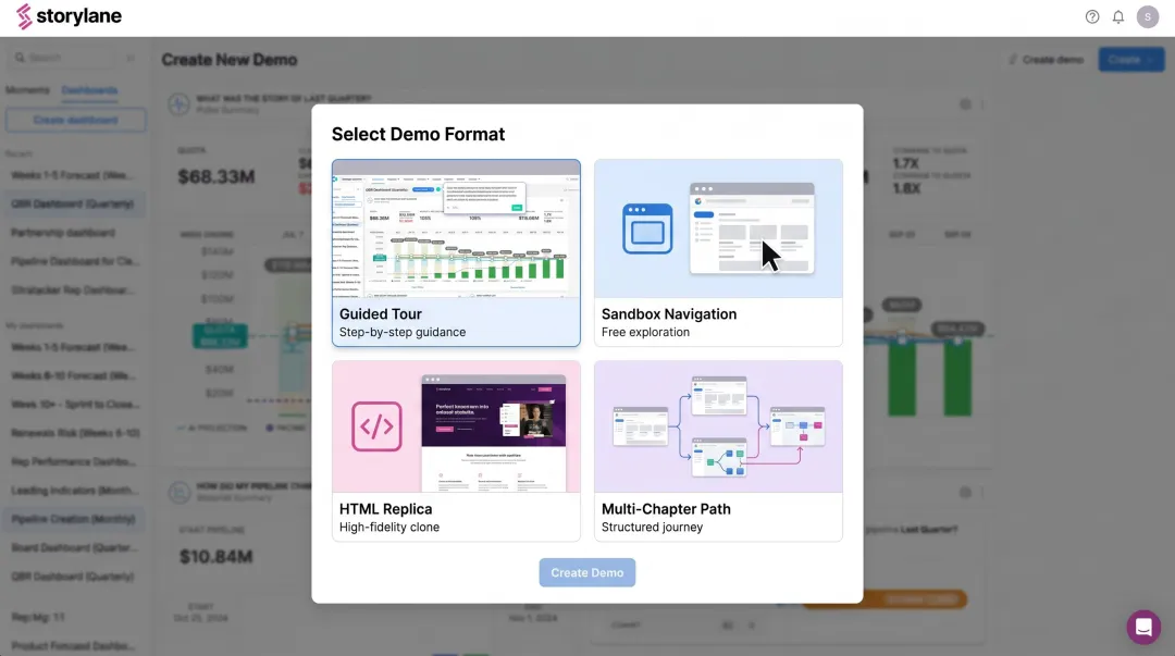 Storylane interactive demo platform showing multi-format guided tour and sandbox options